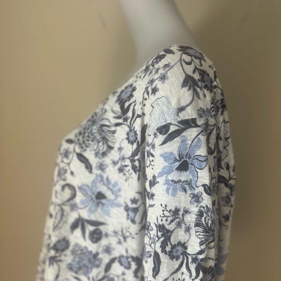 RACHEL ZOE 100% Linen Floral Knit Tunic Tee V-Neck Top 3/4 Sleeves Blue White - Picture 7 of 16
